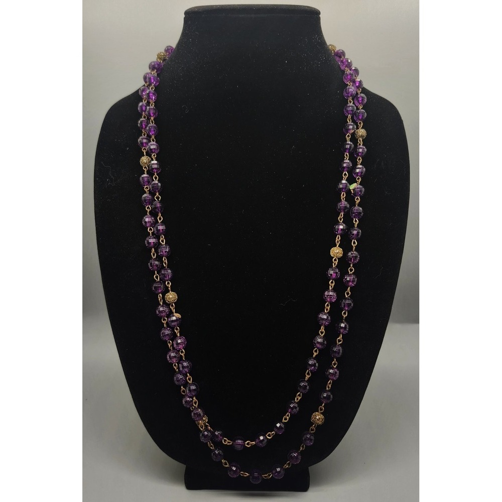 Long Purple Faceted Beaded Necklace Gold Tone Ornate Spacer Beads Opera Length